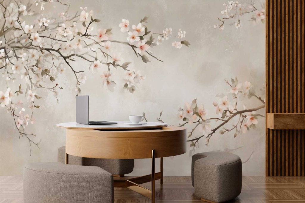 Wall mural features blossoming branches with pink and white flowers, highlighted by hints of red orchids, set against a soft, neutral background.