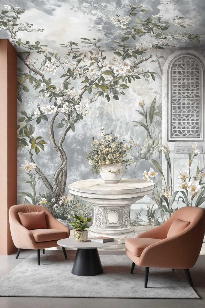 The wallpaper features a captivating mural of a flowering tree, ornate garden table, and classical architectural elements. It showcases serene elegance with colors including varying greens for foliage, soft botanical hues for flowers, subtle earth tones for the table and architecture, all reminiscent of tranquility near a tidal pool.