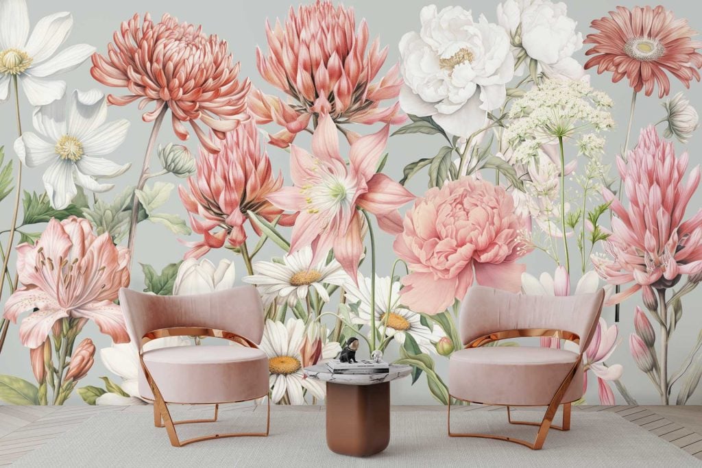 The wallpaper features a large floral mural with pink and white flowers.