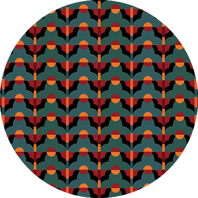 Wallpaper features: repeating geometric pattern, semicircles, dark blue, orange, black arches, red background, symmetrical grid design.