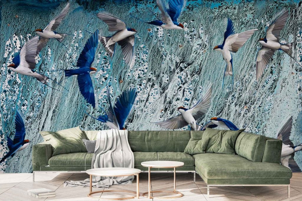 Mural wallpaper features messenger birds in flight on a textured blue background. Keywords: mural, messenger birds, flight, textured, blue background.