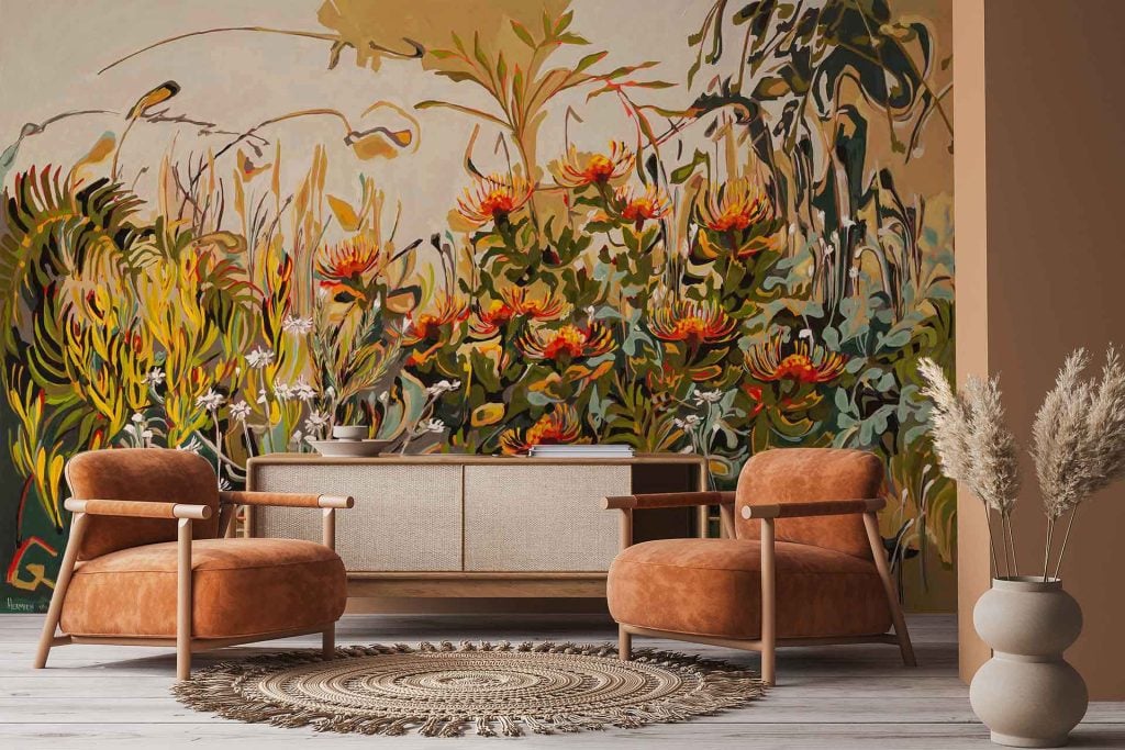 Wallpaper with a vibrant mural featuring colorful wildflowers, green ferns, and pincushions, capturing the essence of a Fynbos landscape. Bright tones of pink, yellow, orange, and lush greens are prominent in the design.