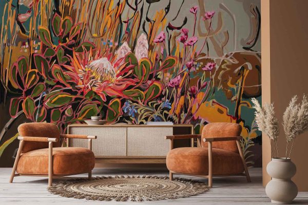 The wallpaper features a bold, colorful floral mural with large King Protea flowers and lush green leaves. Vibrant pinks, reds, and greens dominate the artistic background design.