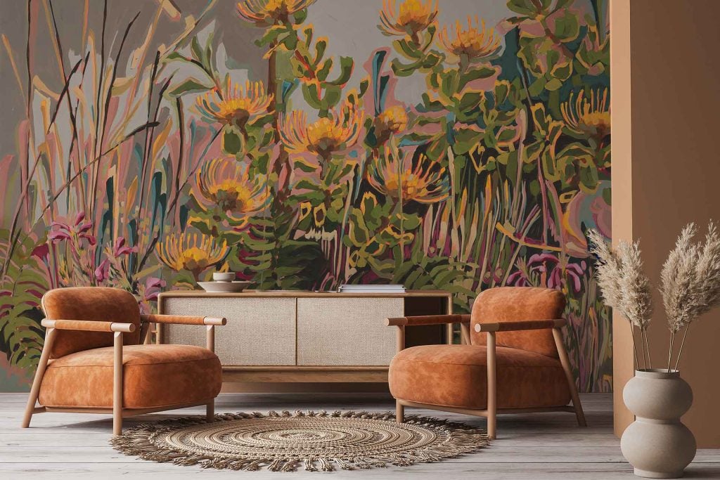 Bold mural wallpaper with abstract yellow and green flowers, featuring hints of Erica (heather) and mountain fern motifs. Vibrant botanical design with lively color palette: yellow, green, touches of pink-purple (Erica), and lush fern shapes.