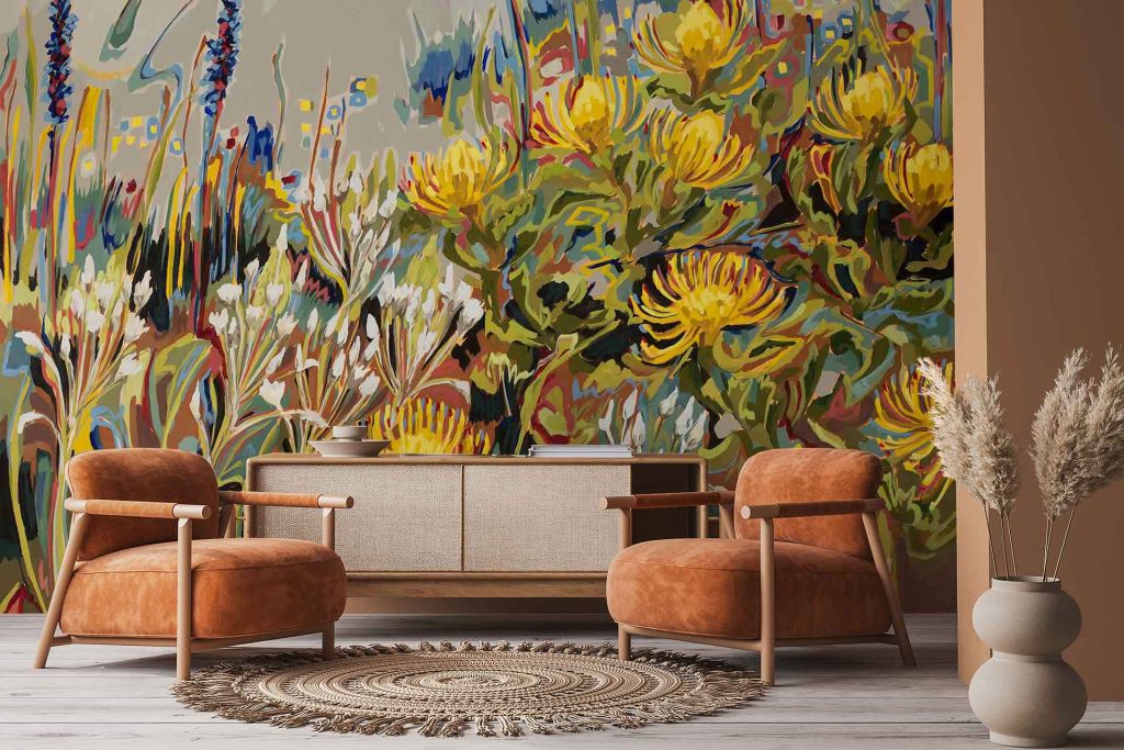 Vibrant abstract floral wallpaper featuring bold yellow pincushions, dynamic shapes, and lively colors, creating a striking decorative backdrop.