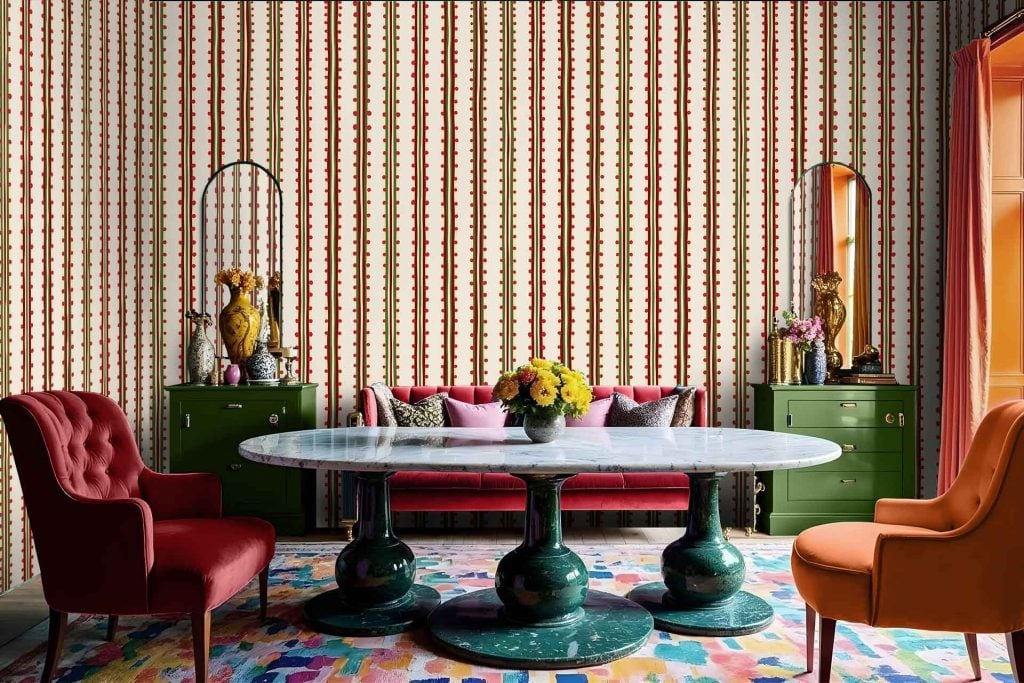 The wallpaper features bold, colorful patterns with vibrant elements like swirling designs in shades of blue, yellow, and red. Geometric shapes mixed with floral motifs create a lively backdrop. These eclectic patterns stand out against a soft cream background, adding depth and style to the room's decor.