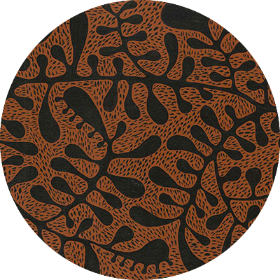 Abstract artwork on wallpaper features intricate black patterns resembling branches or tendrils set against a textured brown background. The design is characterized by flowing, organic motifs that create a striking contrast with the earthy base, offering a dynamic and natural aesthetic.