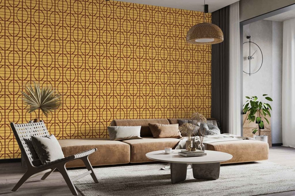 Tan geometric accent wallpaper: Features intersecting lines and angular shapes in tan, beige, cream, and light brown hues. The pattern combines sharp triangles, rectangles, and subtle gold or ivory accents for depth. The modern design creates a textured visual backdrop with understated elegance.