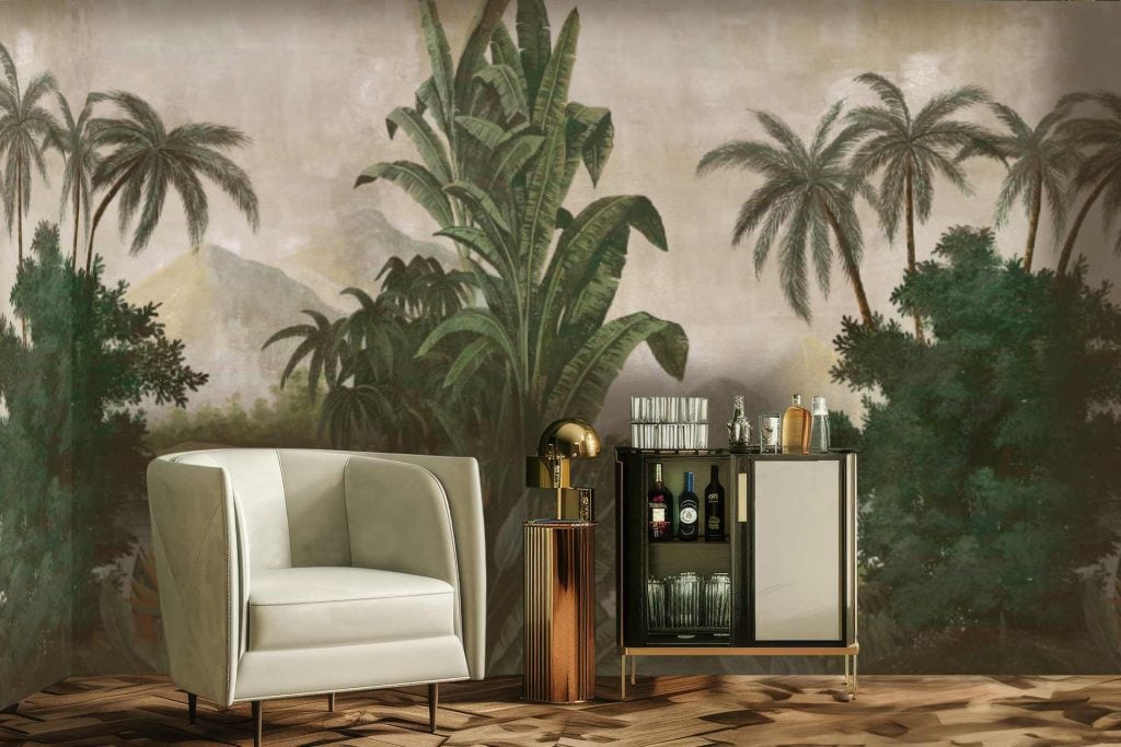 Lush Sri Lankan palm trees, tropical greenery, vibrant greens, intricate leaf patterns.