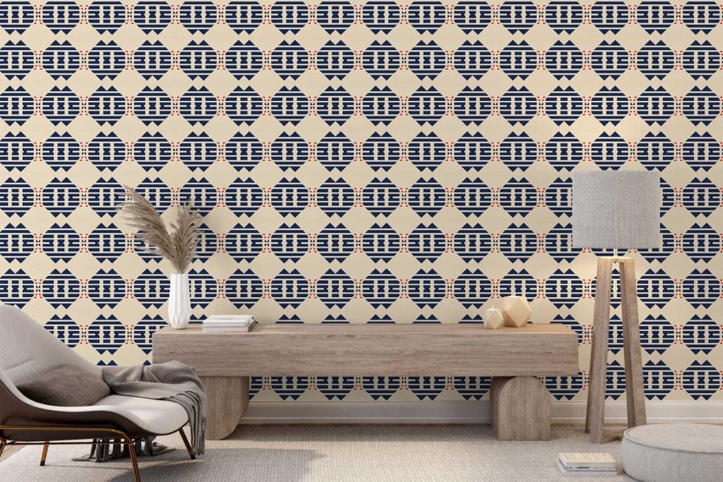 The wallpaper features a modern, minimalist design with bold geometric patterns in navy and cream colors. The print showcases crisp, clean lines and repeating shapes, creating a sophisticated visual texture perfect for contemporary spaces.