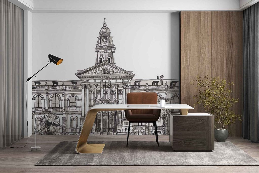 Black-and-white wallpaper mural depicting the City Hall facade, showcasing intricate architectural details and a prominent clock tower; features fine linework, classical columns, arched windows, carved ornaments, and contrasting shades of black, white, and grey.