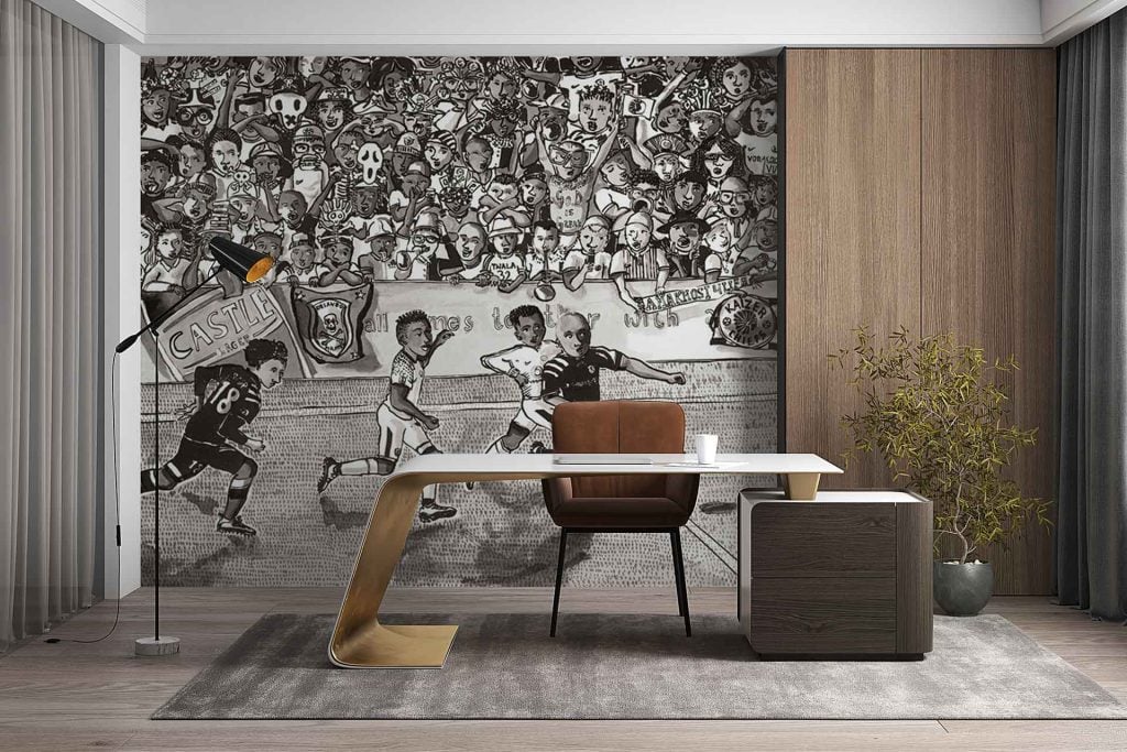 Black-and-white wallpaper mural; features a dynamic soccer match in action; includes athletes mid-play, a vibrant cheering crowd in the stadium stands, waving flags, and raised hands; high-contrast grayscale tones; energetic sports atmosphere.