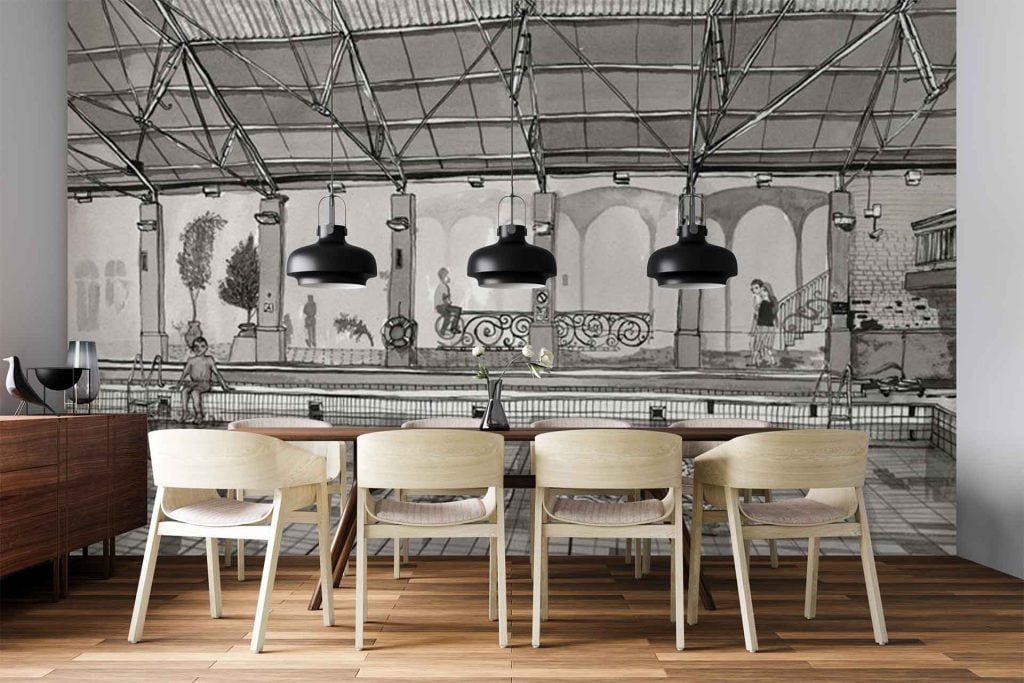 Wallpaper features a detailed black-and-white illustration of an indoor swimming pool, with architectural elements such as arches, tile patterns, water reflections, and structural details. Monochrome palette: shades of black, white, and grey.