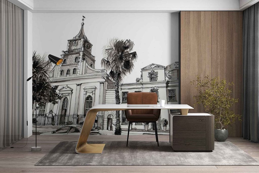 Large wall mural wallpaper features a black and white sketch design depicting a historic Lutheran church with detailed steeple, tall arched windows, and ornate architectural elements. Surrounding the church are several stylized palm trees drawn in fine linework. The mural’s color palette is monochrome—shades of black, white, and gray—emphasizing the contrast and intricate line details in the classic illustration style.