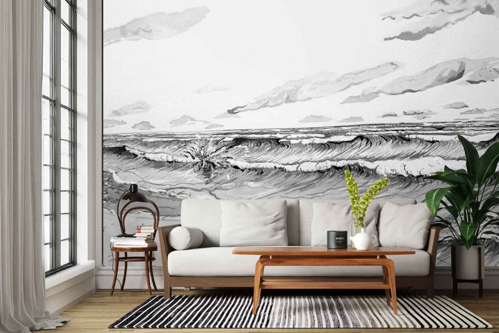 Black-and-white mural wallpaper featuring stylized ocean waves inspired by Tafelberg Road, with bold flowing lines, cresting wave shapes, and dramatic contrasts between dark and light areas.