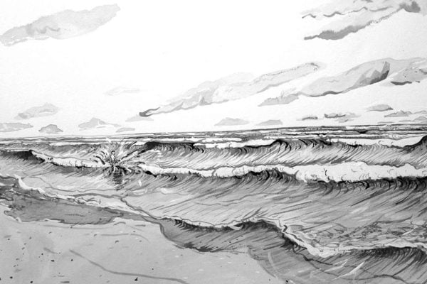 Black and white wallpaper sketch: ocean waves rolling onto sandy shore; clouds above; distant bus traveling along Tafelberg Road on horizon. Elements: waves, sand, clouds, bus, road, horizon. Colors: black, white (monochrome).