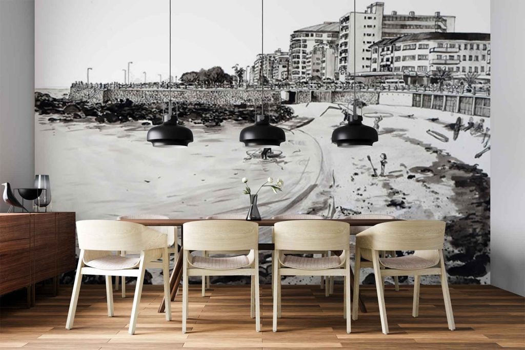 Large black-and-white mural wallpaper; features a coastal cityscape with buildings, beach, and shoreline elements; monochrome palette; detailed urban and seaside imagery.