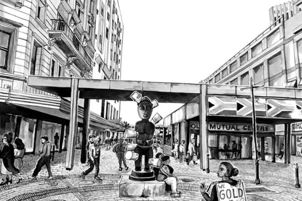 Black and white wallpaper; busy city street scene; people walking; central statue; tall buildings surround; visible signs: "Old Mutual Centre"; person holds “WE BUY GOLD” sign beneath mural; mural shows Dias Beach. Key elements: black, white, cityscape, crowd, statue, signage.