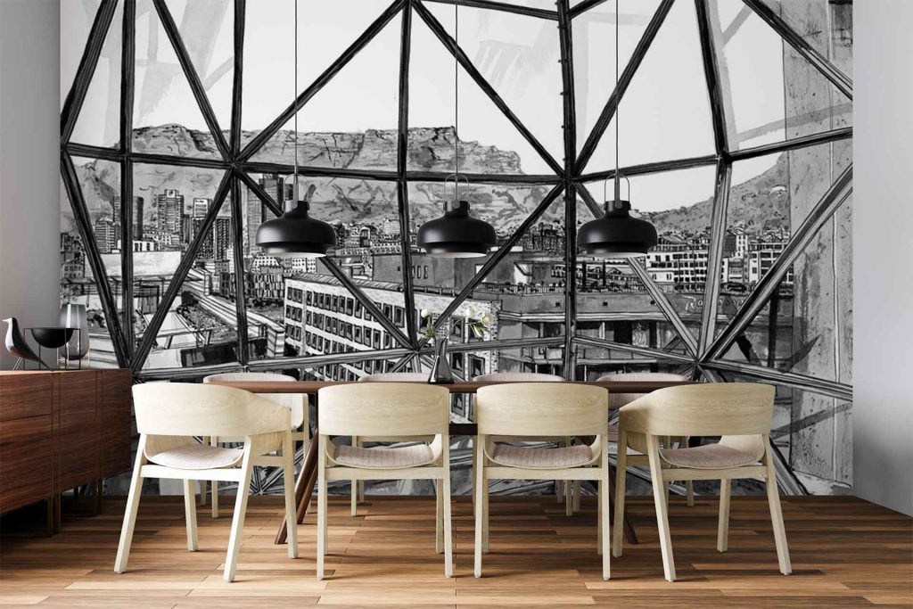 Wallpaper features a black-and-white cityscape mural drawn in sketch style, with geometric glass window patterns overlaying the buildings. Predominantly monochrome colors: black, white, and gray. Architectural details include outlined skyscrapers and urban elements viewed through intersecting angular forms resembling window panes.