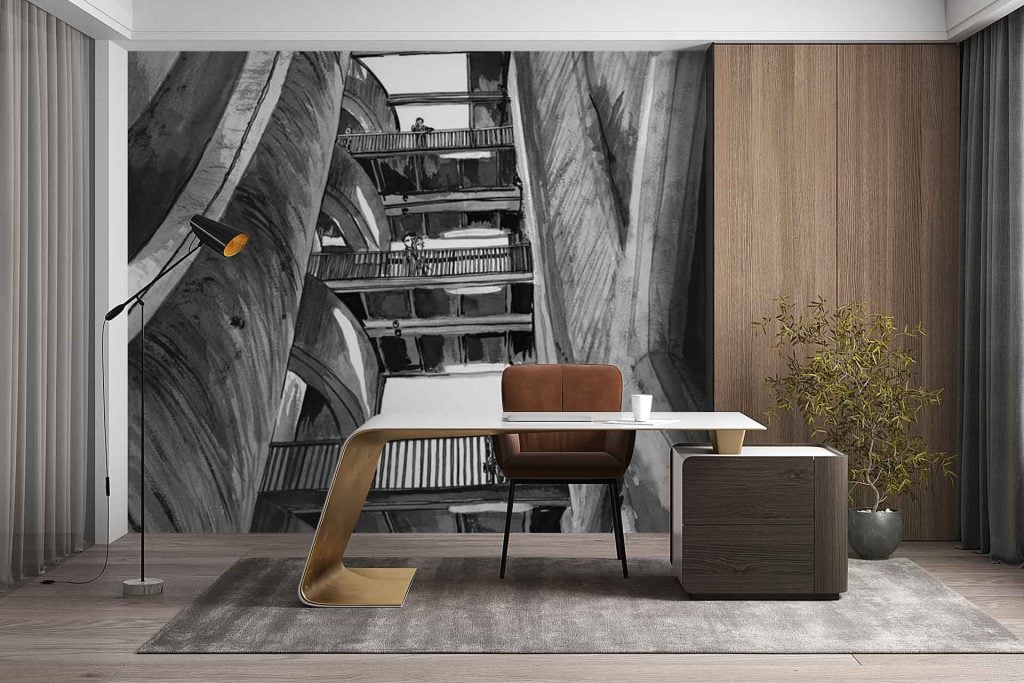 ZEITZ 01 wallpaper: Black-and-white mural depicting a multi-story concrete building with strong architectural lines. Prominent features include repeating balconies, metal railings, deep shadows, and geometric forms. The color palette is grayscale—various tones of black, white, and gray emphasize modern urban minimalism.