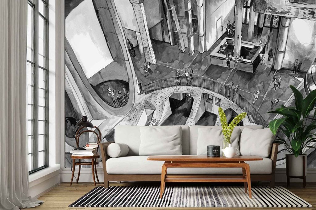 Black-and-white cityscape mural wallpaper featuring detailed architectural elements and busy street scenes; includes buildings, windows, street lamps, cars, and pedestrians—all rendered in high-contrast black and white.