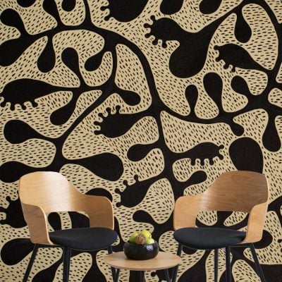 Abstract wallpaper features a black and earthen clay organic pattern. The design includes flowing, irregular shapes in deep black contrasted with warm, earthy clay tones.