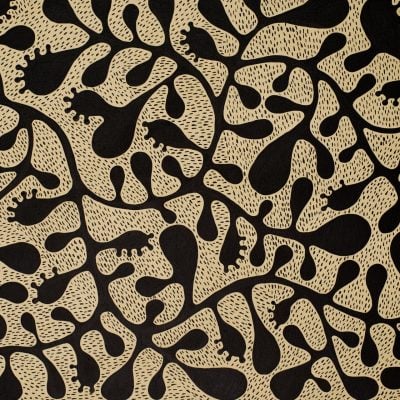 Black organic, branch- or cell-like shapes intertwine across an earthen clay beige background. The backdrop features dense, small curved black lines for a textured appearance. Elements include: abstract branching forms, cellular motifs, clay beige base color, intricate black line texture.