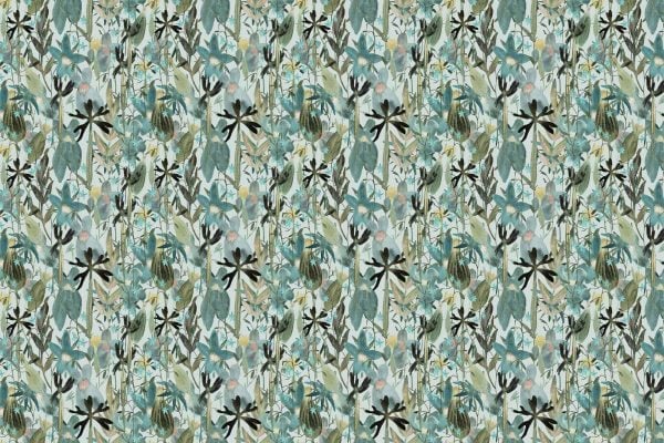 Seamless wallpaper pattern featuring densely arranged watercolor-style leaves and flowers in green, blue, black, and beige tones. Botanical elements include layered foliage and delicate florals for a lush natural look. Keywords: watercolor botanical, green blue beige black leaves, floral wallpaper, dense foliage pattern.