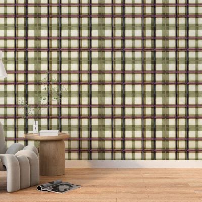 Green and beige plaid-patterned wallpaper; intersecting stripes in shades of sage green, olive, cream, and tan; classic tartan design with soft muted tones.