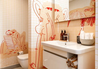 Beige wallpaper with playful red line art depicting lounging human figures. The design features minimalist, abstract outlines in vibrant red against a soft beige background.