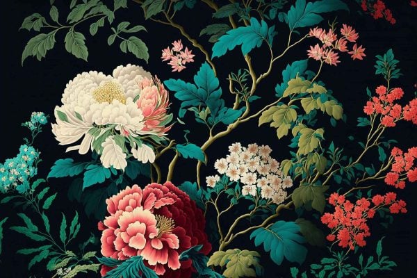 Wallpaper features vibrant, detailed illustrations of blooming pink and white peonies, golden-yellow chrysanthemums, and clusters of small red blossoms amid lush, layered green leaves. All botanical elements are intricately rendered in ornate style against a rich dark (navy or black) background. Key colors: pink, white, gold/yellow, red, green on deep dark backdrop.