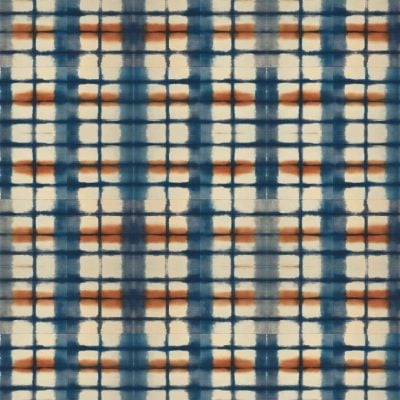 Wallpaper featuring a repeating geometric pattern inspired by Orion, with blue, orange, and off-white horizontal and vertical lines forming a plaid-like grid. The design has a slightly blurred, watercolor effect.