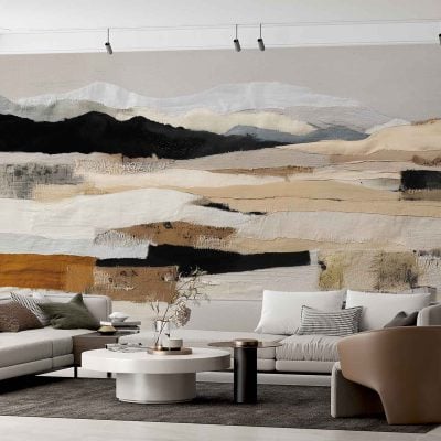 Large abstract wallpaper mural featuring bold textured layers in beige, black, white, and gold. The design showcases sweeping brushstrokes and organic shapes with metallic gold accents. Neutral tones are accented by high-contrast black and highlights of shimmering gold. Track lighting enhances the depth, creating dramatic shadows across the layered textures. Perfect for a modern statement wall with contemporary artistry.