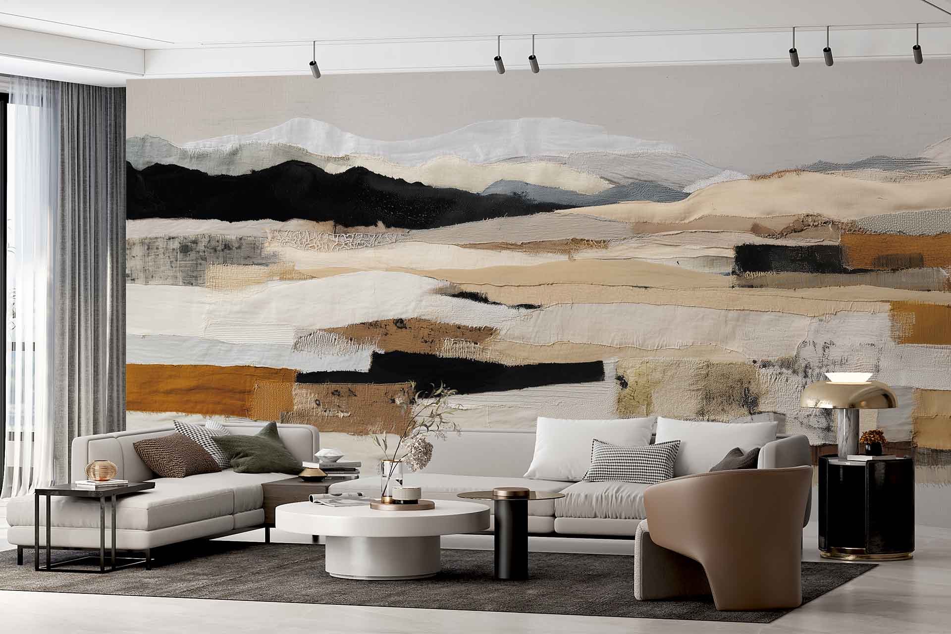CSWD—Mixed-Media—Interior Large abstract wallpaper mural featuring bold textured layers in beige, black, white, and gold. The design showcases sweeping brushstrokes and organic shapes with metallic gold accents. Neutral tones are accented by high-contrast black and highlights of shimmering gold. Track lighting enhances the depth, creating dramatic shadows across the layered textures. Perfect for a modern statement wall with contemporary artistry.
