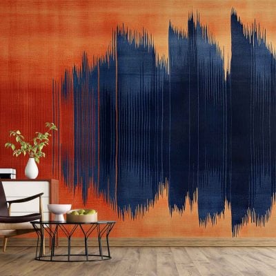 Bold orange wall with a large navy blue abstract wave pattern; the wallpaper features striking, fluid navy waves across a vivid orange background, creating a dramatic, modern focal point. Colors: deep navy blue, bright orange. Elements: abstract waves, high-contrast design, contemporary style.