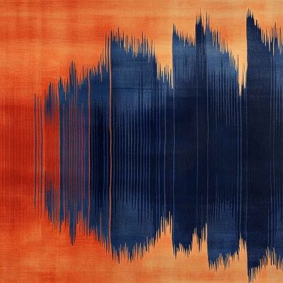 Dark blue soundwave shape, horizontal, abstract waveform, jagged peaks, orange textured background, digital wallpaper.