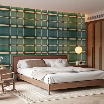 Green and blue checkered wallpaper forms the accent wall, featuring bold squares in alternating vivid green and deep blue shades for a striking geometric pattern.