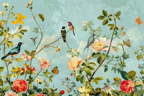 Wallpaper features: Colorful birds, blooming flower branches, butterflies flying, light blue sky background, faint Orion constellation above. Vibrant colors include reds, yellows, blues, greens, and pinks; lush garden scene with detailed floral elements and nature motifs.