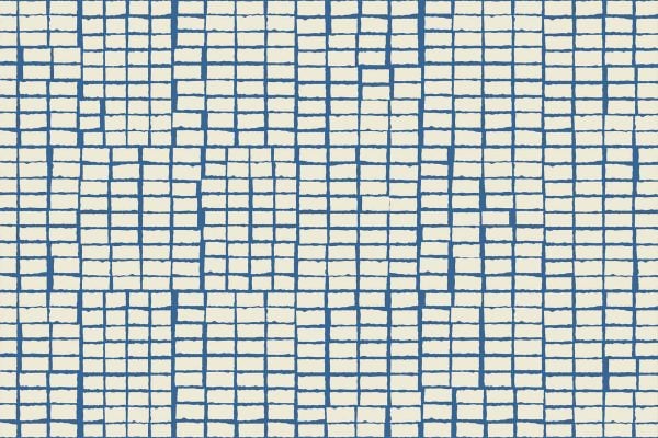 Uneven blue grid lines forming irregular, overlapping rectangles and squares on a white background; hand-drawn, abstract geometric wallpaper reminiscent of Orion’s scattered stars. Colors: blue, white. Elements: abstract grids, rectangles, squares, irregular overlap.