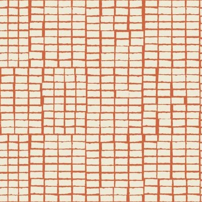 Uneven, hand-drawn red-orange lines form an irregular grid of squares and rectangles on a light beige background. The pattern resembles loose, scattered arrangements similar to Orion's constellation. Colors: red-orange, light beige. Elements: hand-drawn grid, irregular shapes, square and rectangular forms.