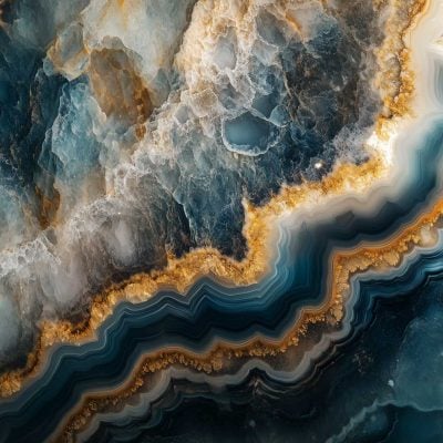 Abstract wallpaper resembling an agate or marble slab, featuring swirling layers of blue, gray, white, and gold tones. Jagged and wavy edges with crystalline textures create a luxurious, natural stone effect. Elegant combination of metallic gold veining and soft gradients enhances the marble-inspired design.