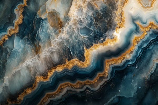 Abstract wallpaper resembling an agate or marble slab, featuring swirling layers of blue, gray, white, and gold tones. Jagged and wavy edges with crystalline textures create a luxurious, natural stone effect. Elegant combination of metallic gold veining and soft gradients enhances the marble-inspired design.