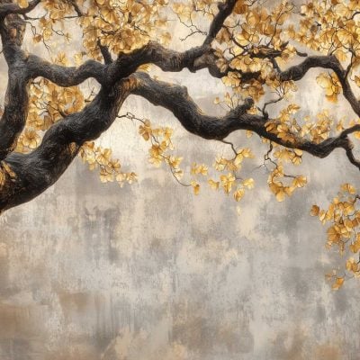 Wallpaper features: textured dark bark tree branch, twisting shape, golden-yellow leaf clusters, weathered light gray background. Colors: dark brown, gold-yellow, light gray.