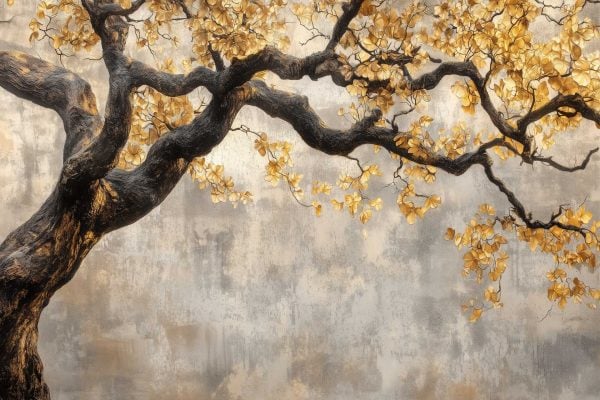 Wallpaper features: textured dark bark tree branch, twisting shape, golden-yellow leaf clusters, weathered light gray background. Colors: dark brown, gold-yellow, light gray.