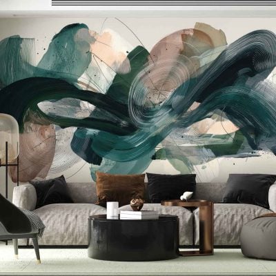 Sweeping abstract mural wallpaper featuring bold brushstrokes in vibrant green, deep blue, and soft beige. Dynamic, energetic patterns with dramatic color contrasts create a statement wall; the design commands attention through its fluid movement and modern aesthetic.