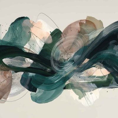 Abstract wallpaper featuring sweeping brushstrokes in dark green, teal, and beige on a light background. Layered curved lines and transparent color washes create movement and fluidity. Notable for dynamic green hues, teal accents, soft beige tones, and overlapping organic patterns. Perfect for modern, artistic spaces seeking bold visual interest.