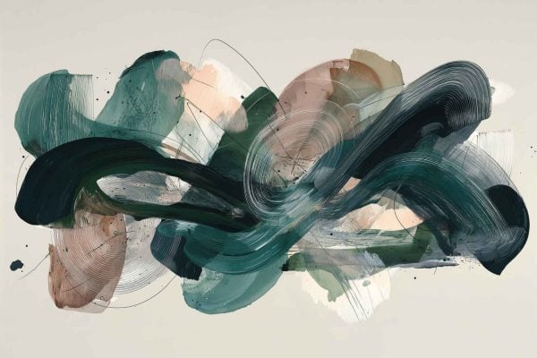 Abstract wallpaper featuring sweeping brushstrokes in dark green, teal, and beige on a light background. Layered curved lines and transparent color washes create movement and fluidity. Notable for dynamic green hues, teal accents, soft beige tones, and overlapping organic patterns. Perfect for modern, artistic spaces seeking bold visual interest.