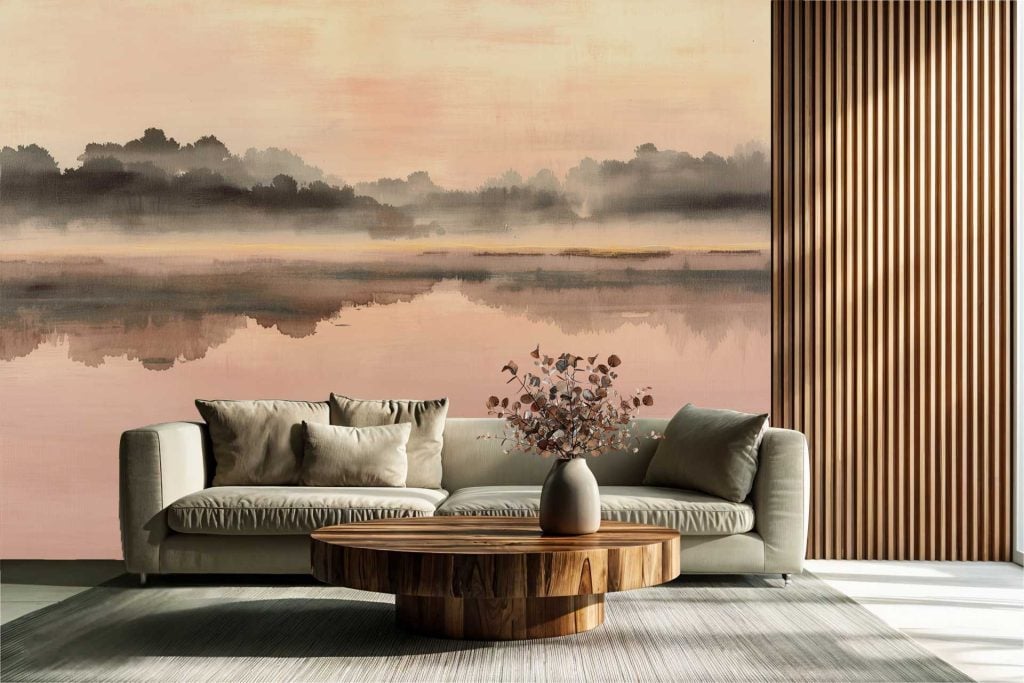 Wallpaper features a misty lake scene with silhouetted trees, soft gradients of pink and gray sky, subtle reflections on water, and an overall dreamy, watercolor effect. Colors include muted blues, grays, blush pinks, and gentle earth tones. Nature-inspired mural with tranquil, atmospheric landscape.