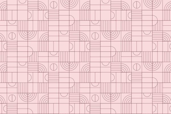 Seamless geometric wallpaper with a light pink background featuring thin dark pink lines. Elements include semicircles, arcs, rectangles, and grids arranged in a repeating abstract pattern. Colors: light pink (background), dark pink (lines).
