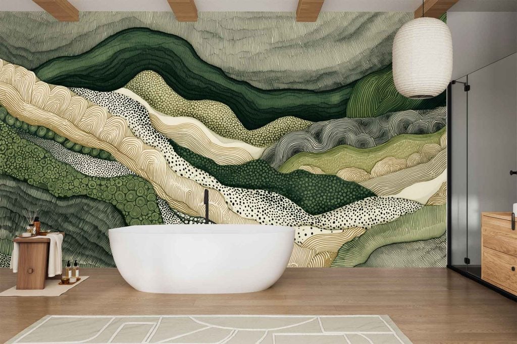 Abstract wall mural wallpaper featuring wavy, organic patterns in green, cream, and beige tones. The design evokes the contours of a resting mountain with fluid lines and natural shapes.